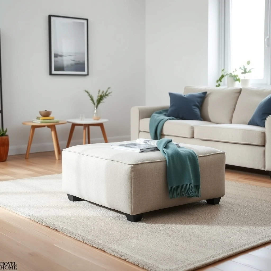 Scandinavian living room soft natural light greige linen covered low profile ottoman centered on light oak rug stacked magazines and a muted teal throw peeking from its concealed compartment minimal décor subtle abstract wall art