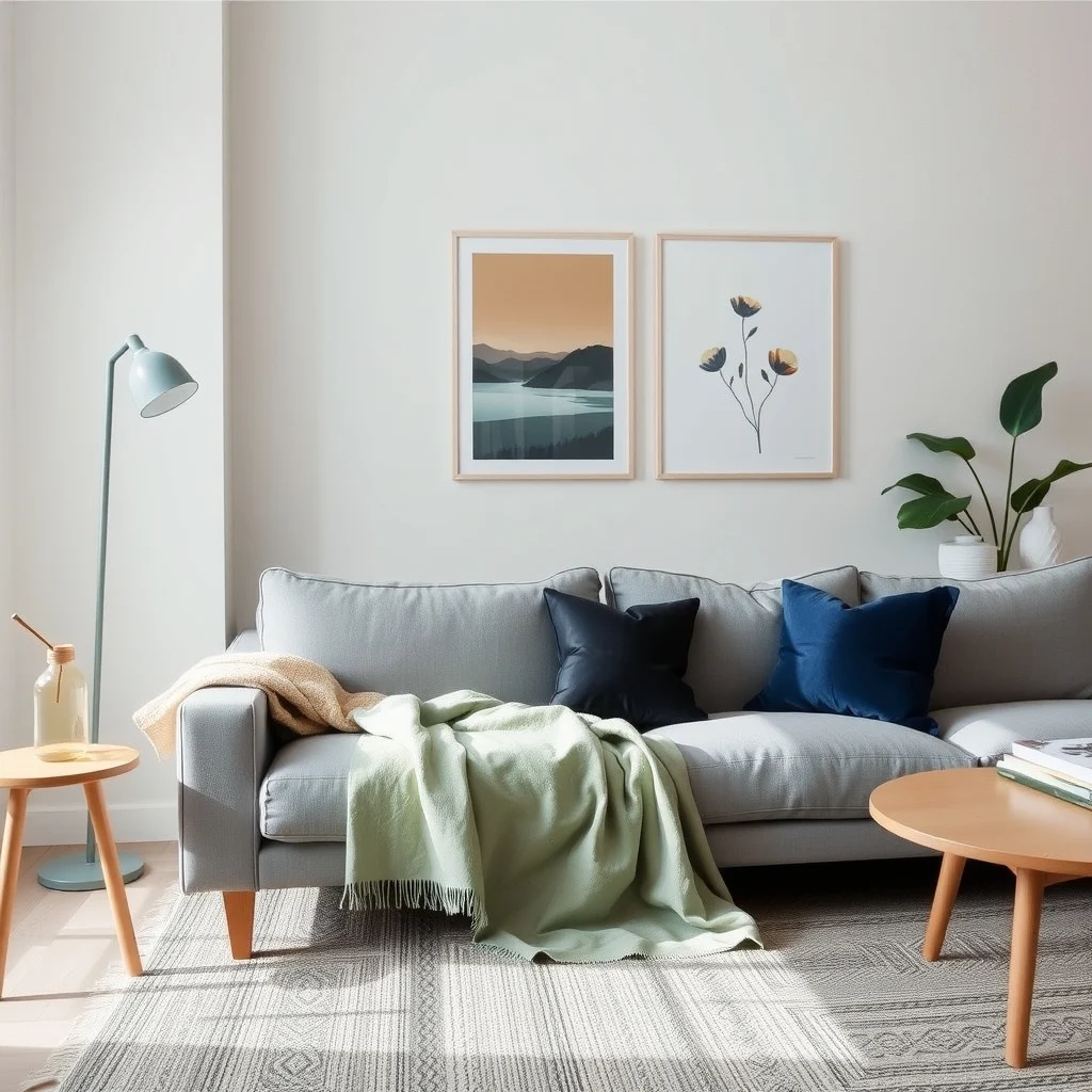 Scandinavian living room with a neutral gray sofa draped in a sage linen throw navy velvet pillow