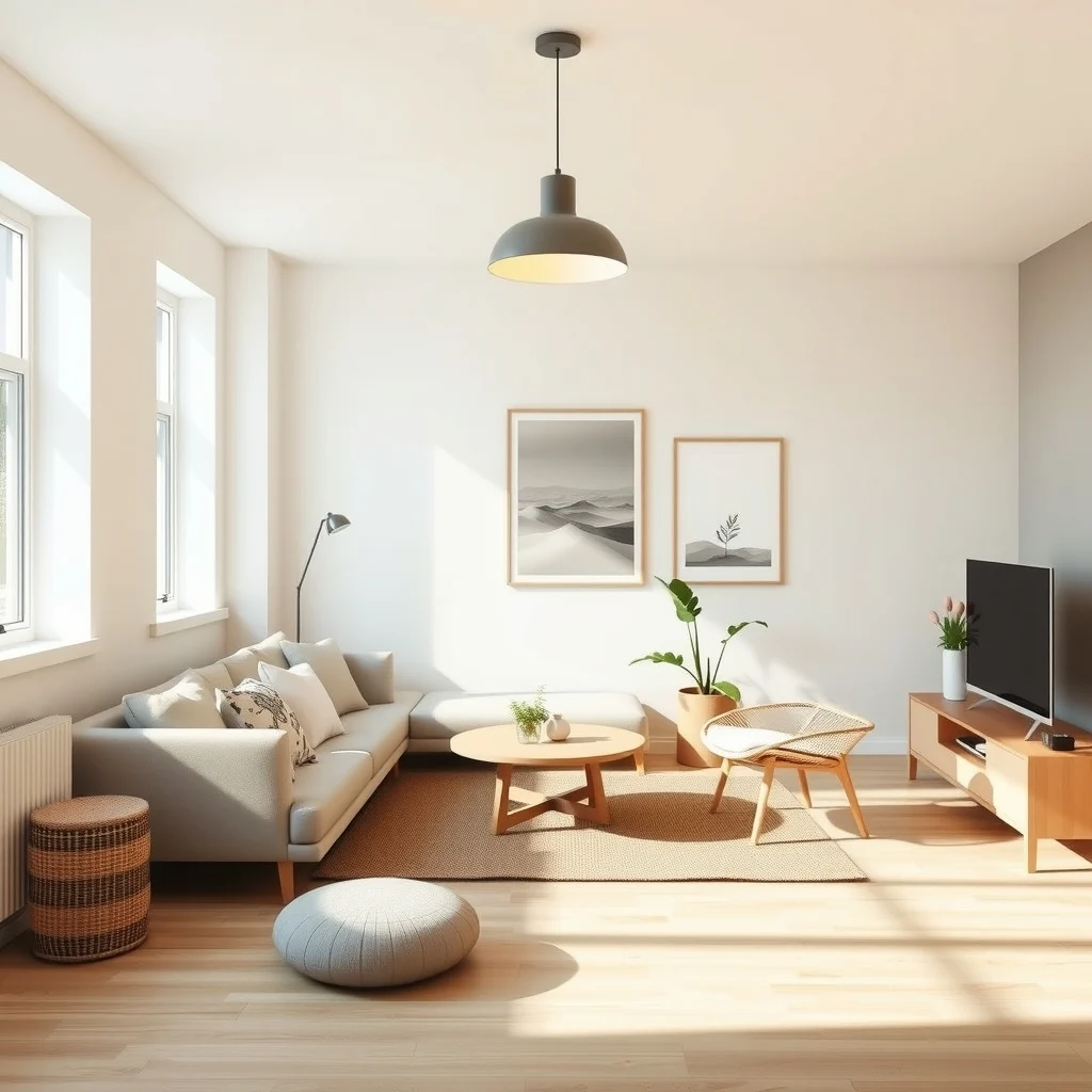Scandinavian living room with white walls light oak floor a sleek dimmable LED pendant casting warm adjustable glow a subtle dimmer switch visible creating a cozy balanced ambience