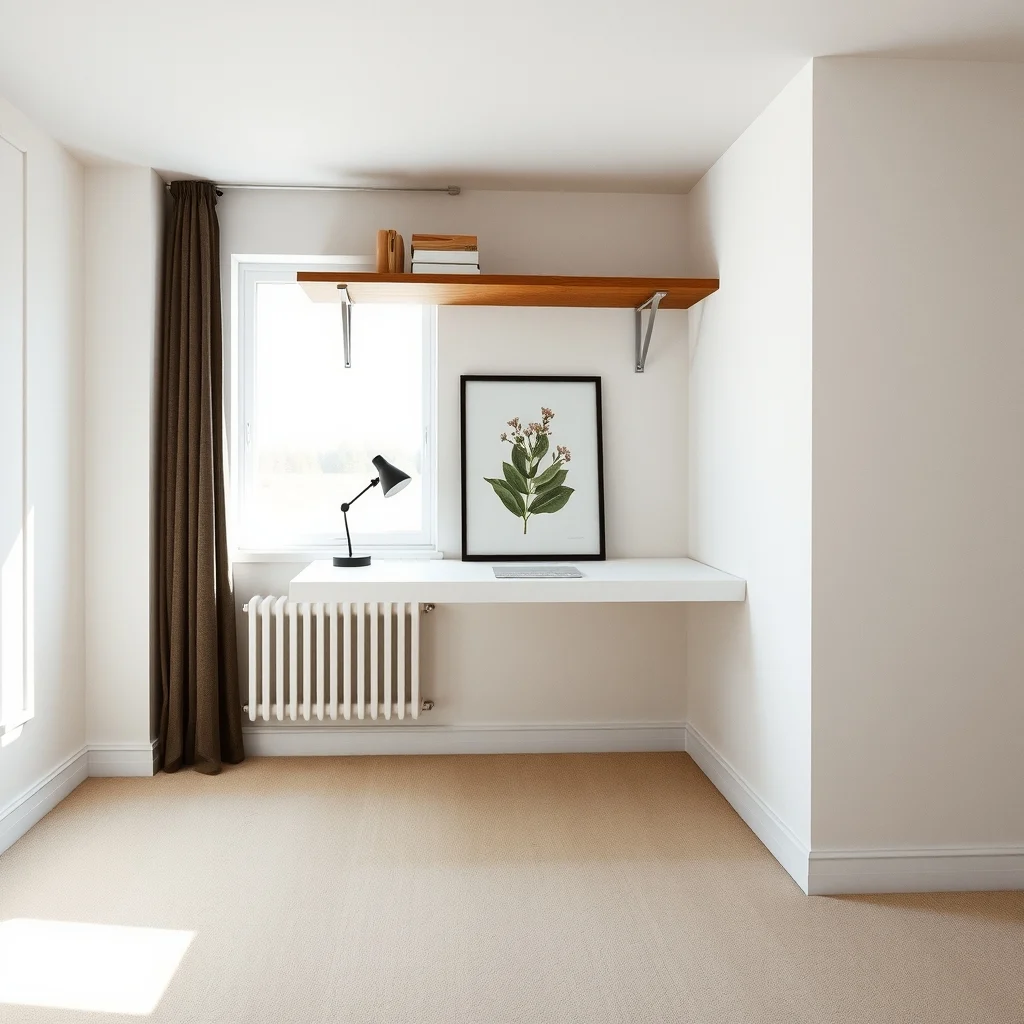 Scandinavian loft bedroom floating white wall mounted desk with sleek metal brackets suspended oak shelving unit above minimal floor space cool daylight through frosted window abstract botanical print behind desk