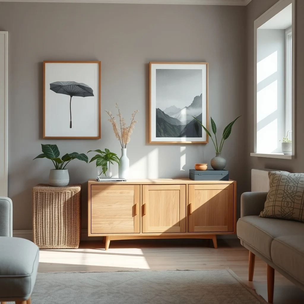 Scandinavian lounge featuring a light oak console a woven wicker cable box and brushed steel box side by side each matching the soft gray walls natural daylight from a nearby window highlights the textures