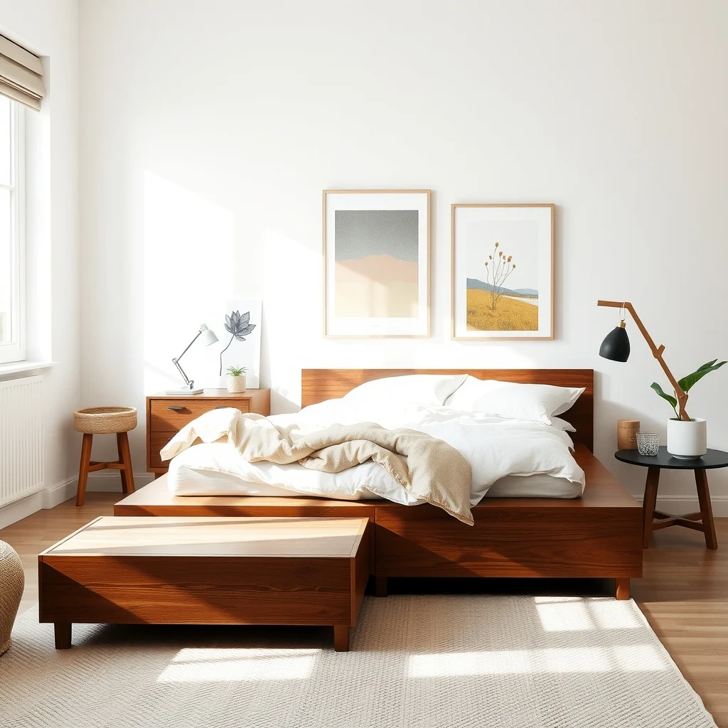 Scandinavian studio bedroom low platform bed with full width walnut drawers crisp white linens soft natural light