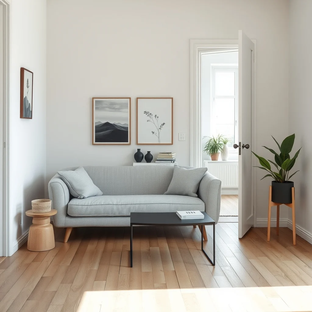 Scandinavian studio entry with a low light gray linen sofa positioned between the door and sleeping nook minimalist wood floor soft natural light and a thin black metal coffee table accenting the visual divider