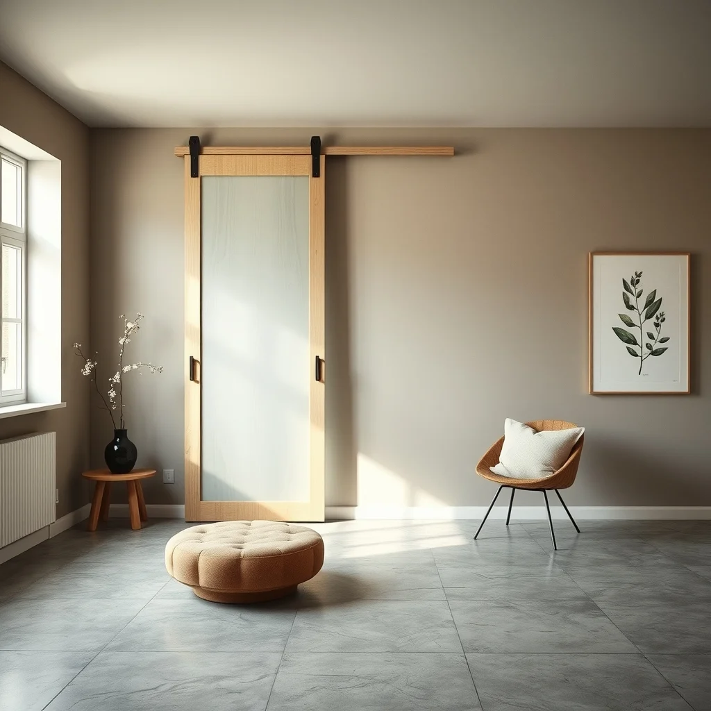 Scandinavian studio living space wide view frosted glass sliding panel on light stained wood lattice track at 6½ ft soft natural light filtering muted taupe walls sleek concrete floor abstract botanical print on opposite wall