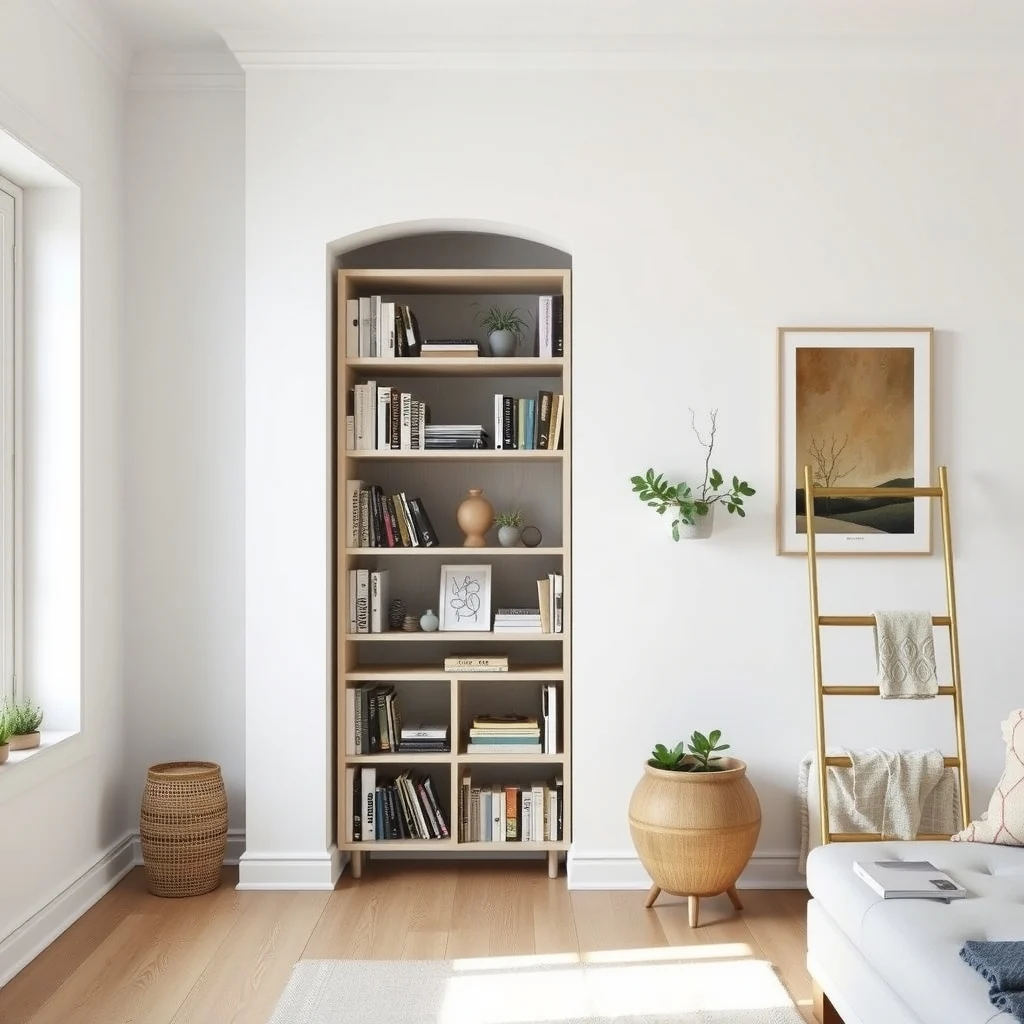 Scandinavian studio view tall matte white oak bookshelf standing between sleeping nook and living space narrow brass finished ladder shelf on side natural