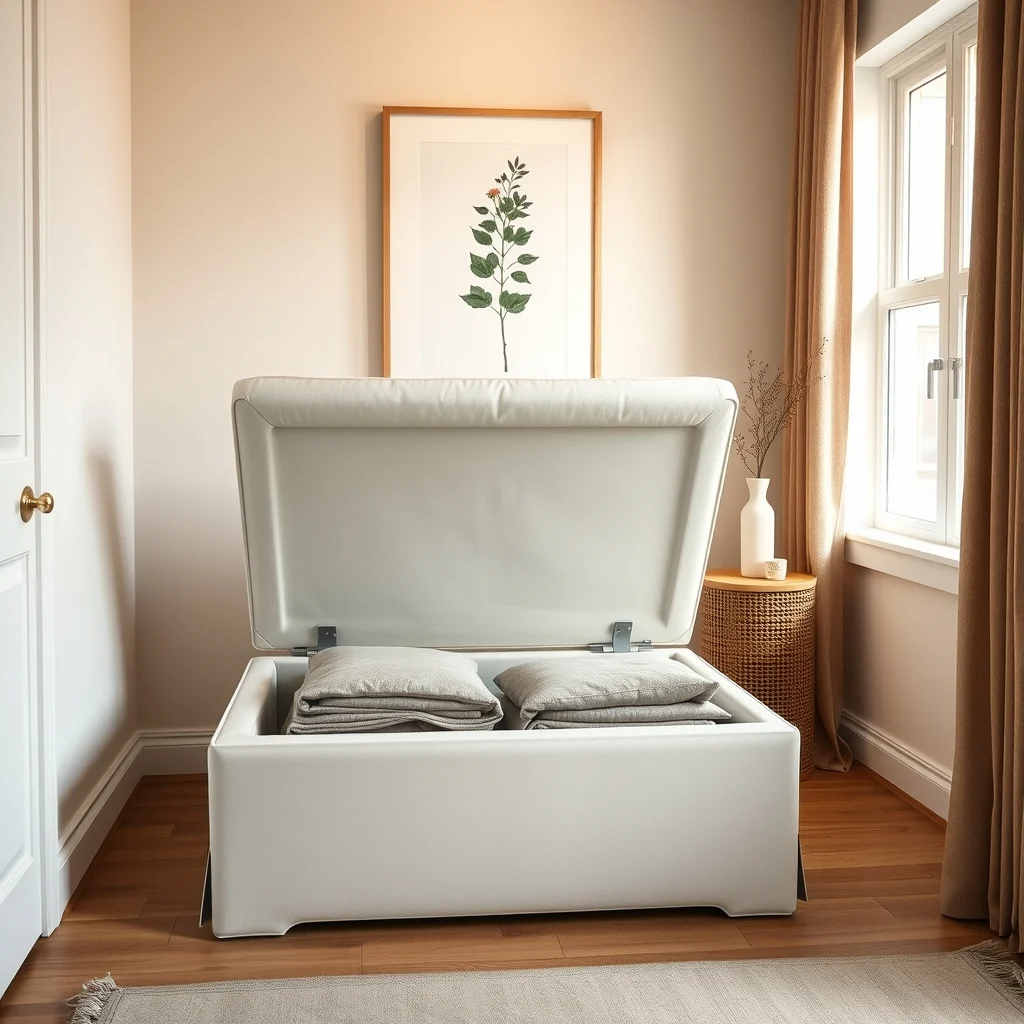 Scandinavian style bedroom corner featuring a low ivory upholstered ottoman lid lifts to reveal neatly folded blankets inside warm amber lighting a minimalist botanical print above light walnut floor