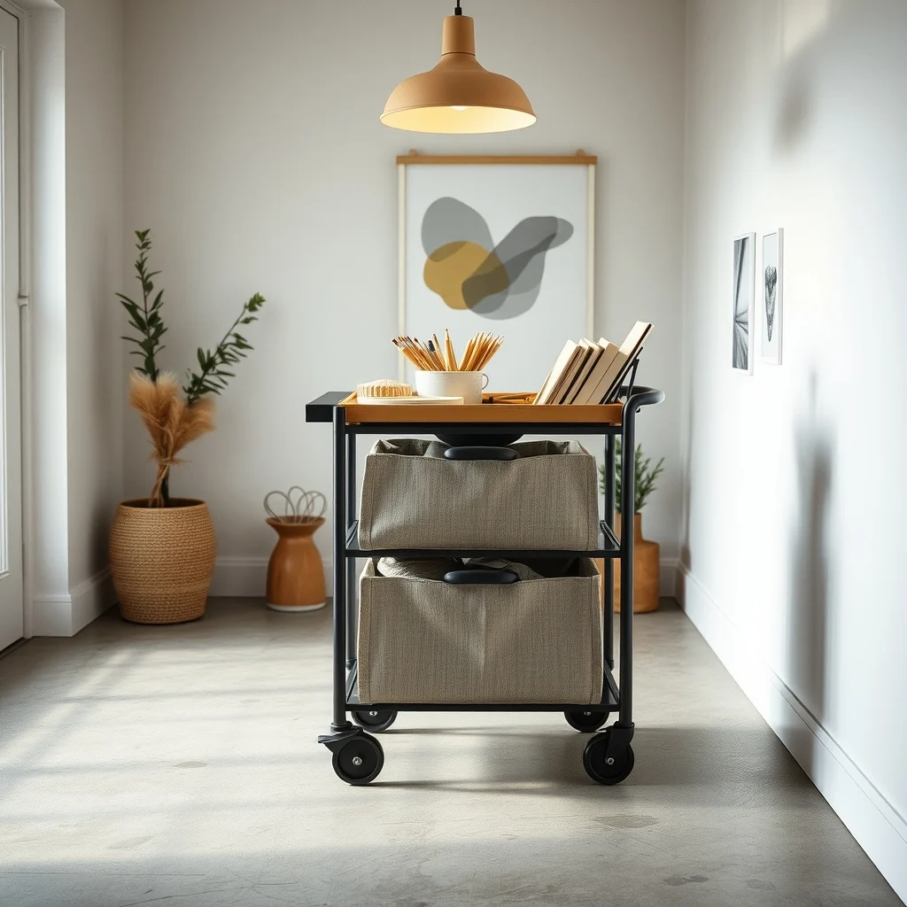 Scandinavian style rolling cart on polished concrete floor three tiers of muted linen fabric drawers dark metal wheels top tier holds art supplies warm overhead pendant light casts gentle shadows tight vignette
