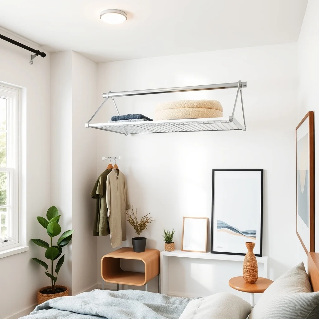Shallow pull down rack mounted just above a closet rod brushed nickel metal with white acrylic shelves spotlighted by a recessed ceiling LED offers a sleek space saving solution in a contemporary bedroom