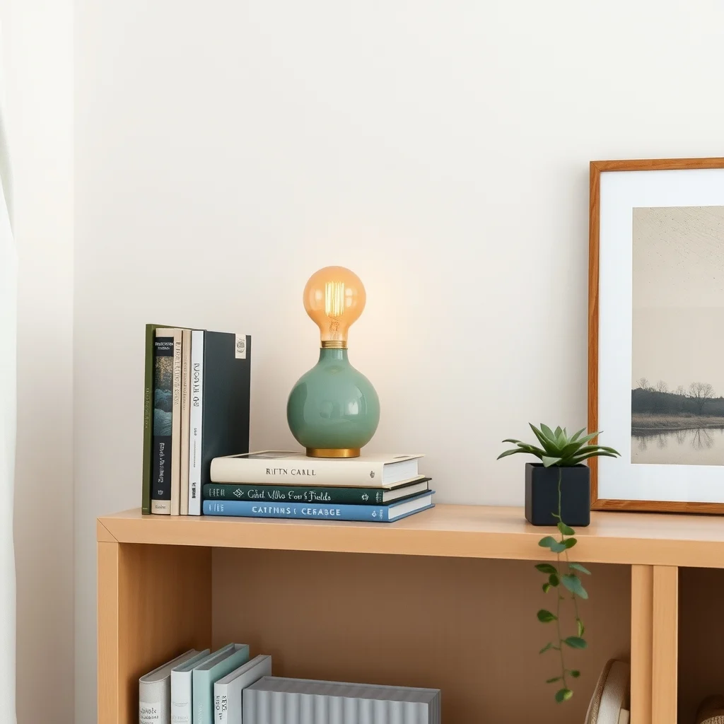Shelving unit adorned with a sage ceramic accent lamp tiny amber bulb casting a subtle halo vintage brass books small potted succulent close up highlighting decorative highlight