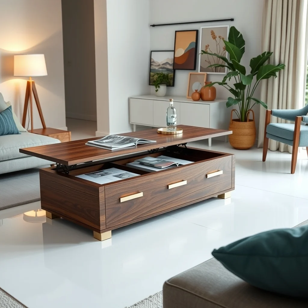 Sleek living area lift top coffee table in walnut with brushed brass handles internal bins visible glossy white rug muted teal accents soft ambient lamp glow close up on lifted surface showing magazines