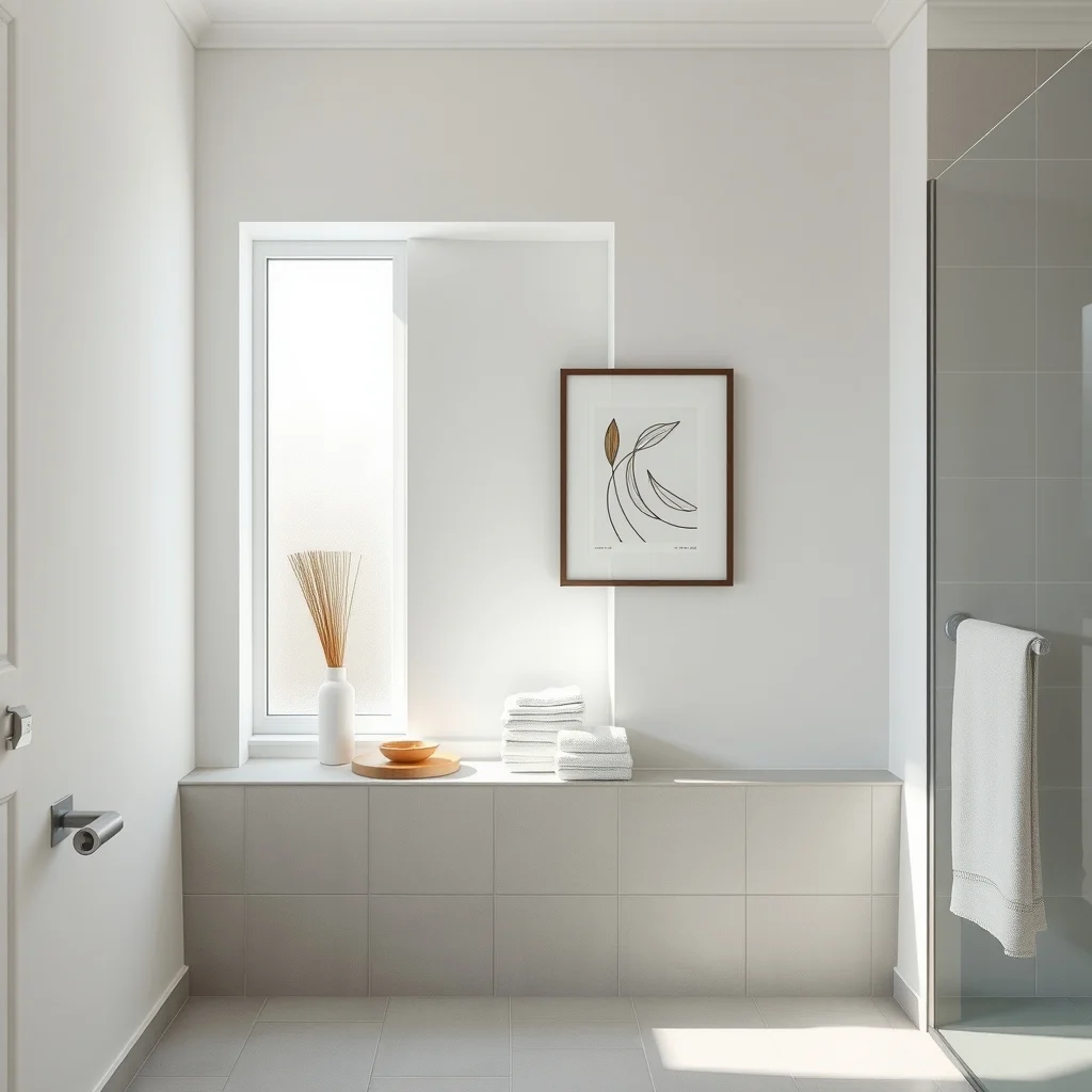 Sleek mid century bathroom wall recess carved shallow filled with clear glass panel showcasing stacked linen towels pale gray tiles cool daylight from frosted window minimalistic abstract line art