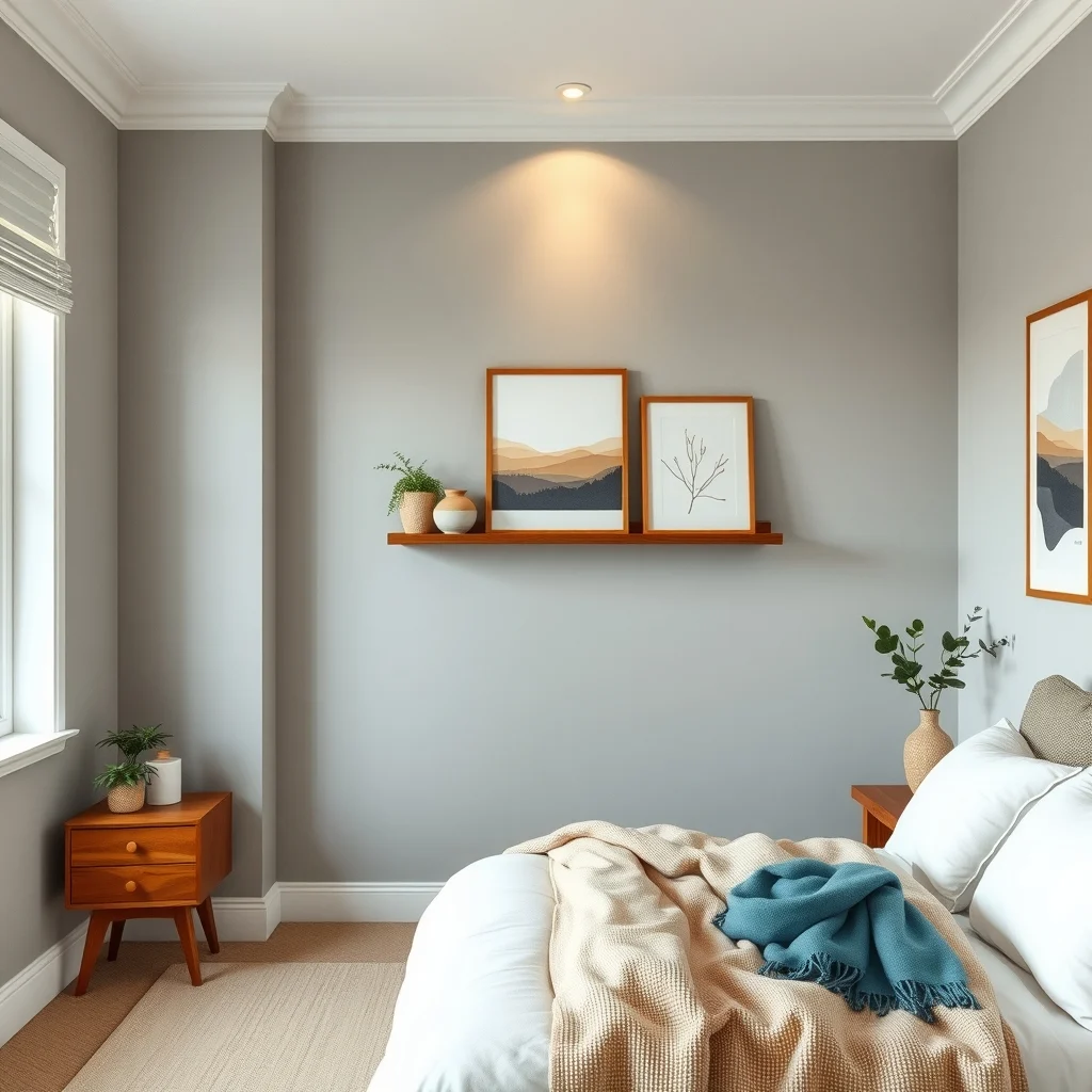 Sleek mid century modern bedroom soft dove gray walls narrow three inch floating shelf in walnut just below crown molding folded ivory blankets and teal scarves displayed warm recessed lighting wide angle