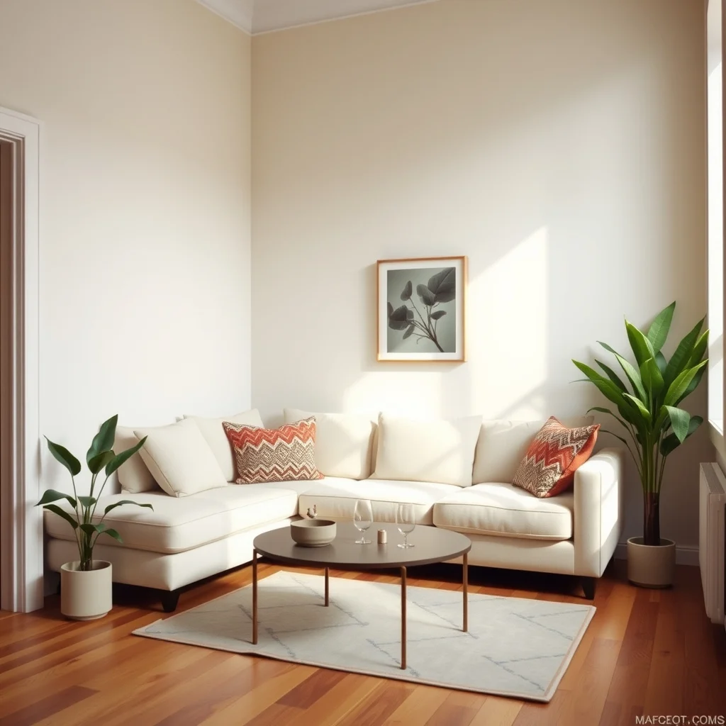 Small Apartment Design Solutions for Oversized Furniture interior: 7. Balance Proportions with Complementary Accessories - Accessories that echo the scale of the oversized furniture can bring harmony to the room. A set of tall, slender floor plants placed on either side of a large sofa introduces vertical lines that counterbalance
