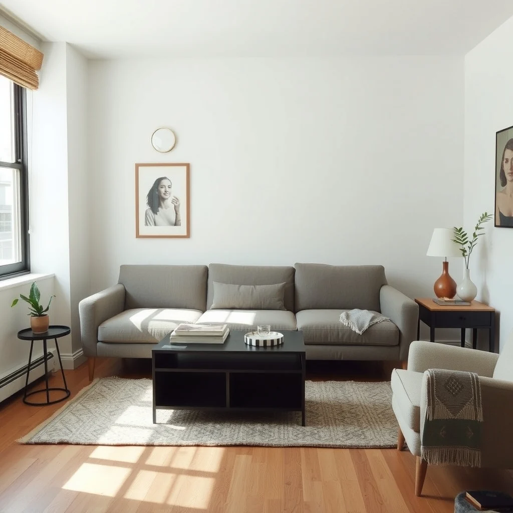 Small Apartment Design Solutions for Oversized Furniture interior: FAQ - How can I make a big couch feel less cramped in a studio? Place a rug that extends beyond the couch’s footprint and add a low console or side table to define a seating zone.