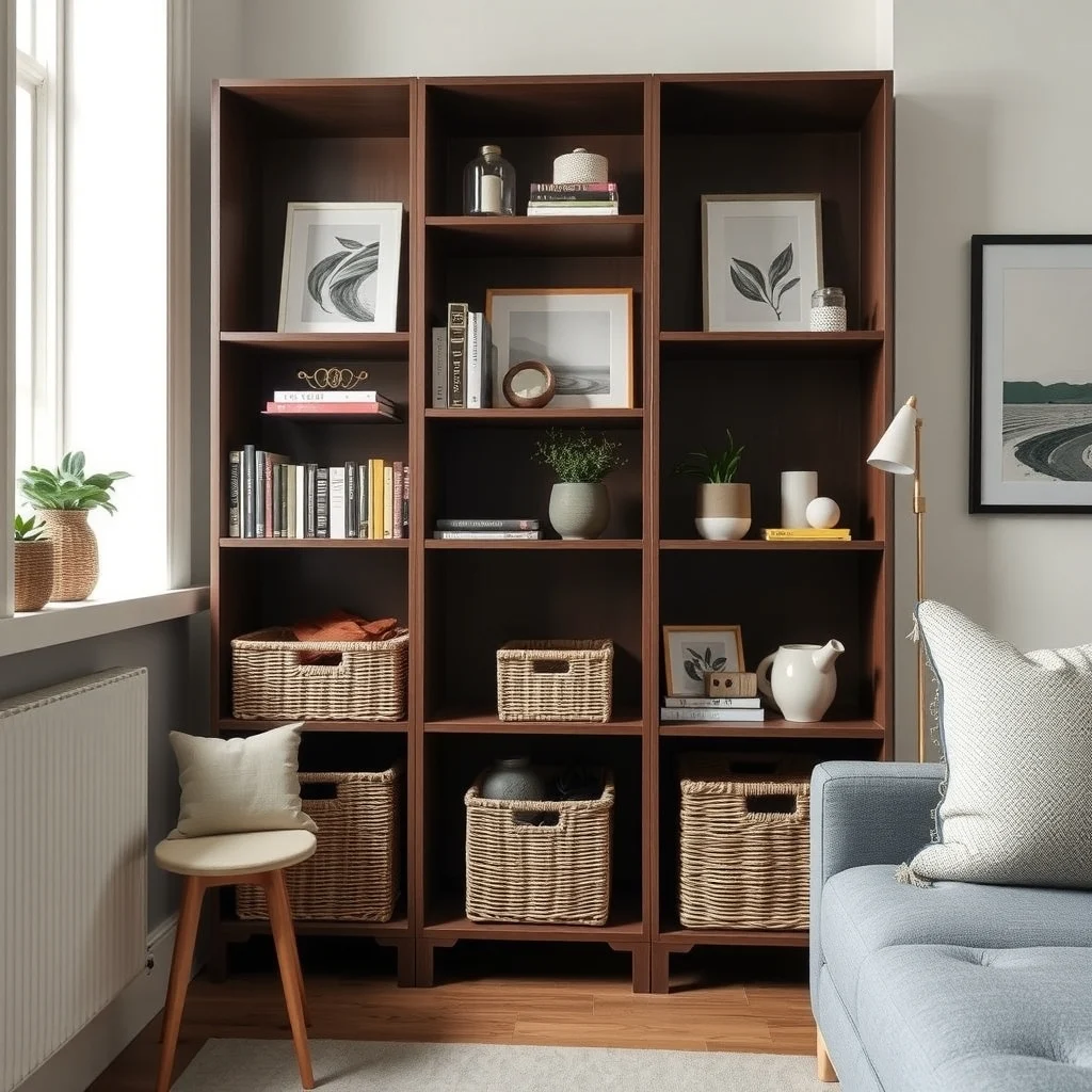 Small Apartment Furniture With Storage for Who Own Too Much interior: 6. A Modular Bookcase with Integrated Baskets - A tall, narrow bookcase can become a storage powerhouse when it incorporates woven baskets or fabric bins within its framework. The open shelves hold books, decorative objects, and framed art, while the baskets—often placed on