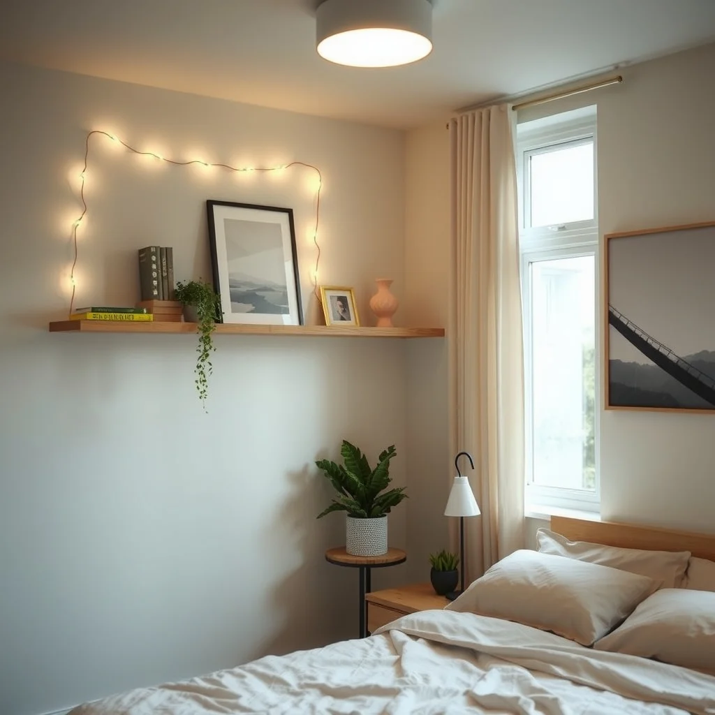 Small Apartment Lighting Ideas for Rooms With Only One Ceiling Fixture: 6. Hang a Decorative String Light or LED Rope - Soft, decorative lighting can be layered over the primary fixture to add warmth and personality. A thin LED rope, draped along a shelf or wrapped around a headboard, emits a gentle glow that complements the