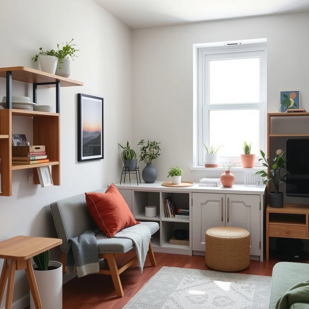 Small Apartment Storage Furniture That Doubles as Everyday Seating interior: 3. Wall‑Mounted Fold‑Down Seat with Shelving - In a studio apartment, wall space is a premium resource. A wall‑mounted seat that folds down when needed and folds up flat against the wall when not in use can free up valuable floor area.