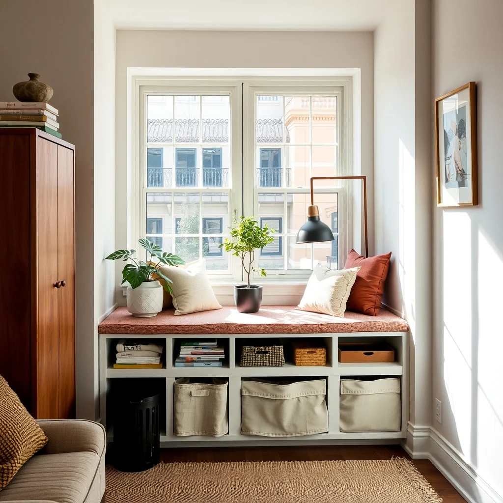 Small Apartment Storage Furniture That Doubles as Everyday Seating interior: 5. Window Seat with Built‑In Bins - Turning a sunny window ledge into a cozy nook adds both light and functionality. A custom‑built window seat can incorporate built‑in bins beneath the cushion, each lined with fabric to protect belongings from dust. Using