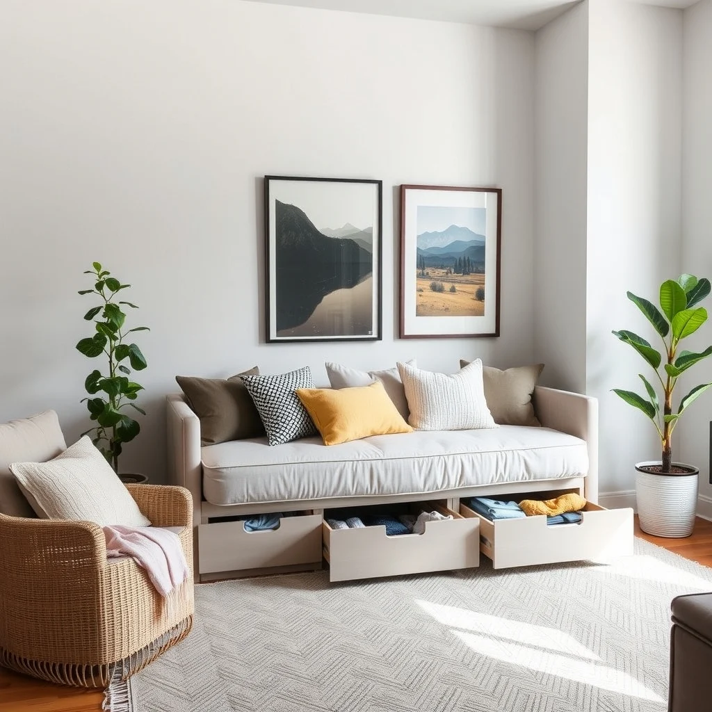 Small Apartment Storage Furniture That Doubles as Everyday Seating interior: 7. Multi‑Purpose Daybed with Under‑Bed Drawers - A daybed placed against a living‑room wall can act as a sofa by day and a guest bed by night, while the space beneath the mattress houses drawers for linens or seasonal clothing. Opt for