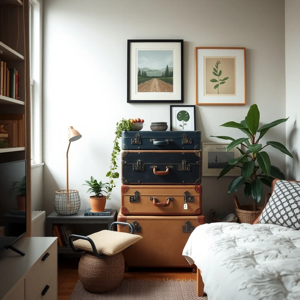 Small Apartment Storage Ideas for Board Games and Hobby Supplies interior: 5. Repurposed Vintage Suitcase Stack - Old leather or canvas suitcases have a nostalgic charm that can double as stylish storage. By stacking two or three suitcases of varying sizes against a wall, you create a tiered shelving unit that feels