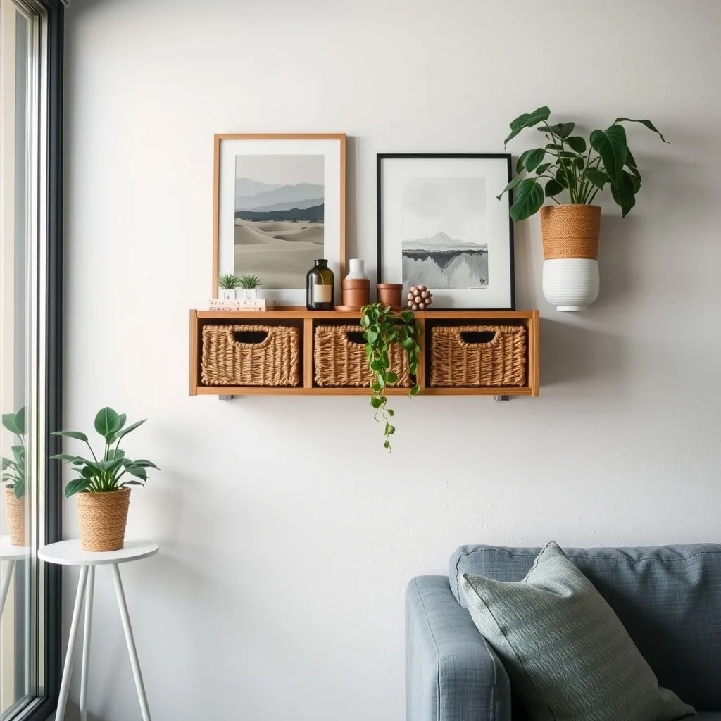 Small Apartment Storage Ideas for Board Games and Hobby Supplies interior: 6. Floating Shelf with Integrated Baskets - A floating shelf anchored to plaster or drywall can appear to hover, creating a clean line that doesn’t dominate a small room. By incorporating woven baskets into the shelf’s design—either by cutting slots into the