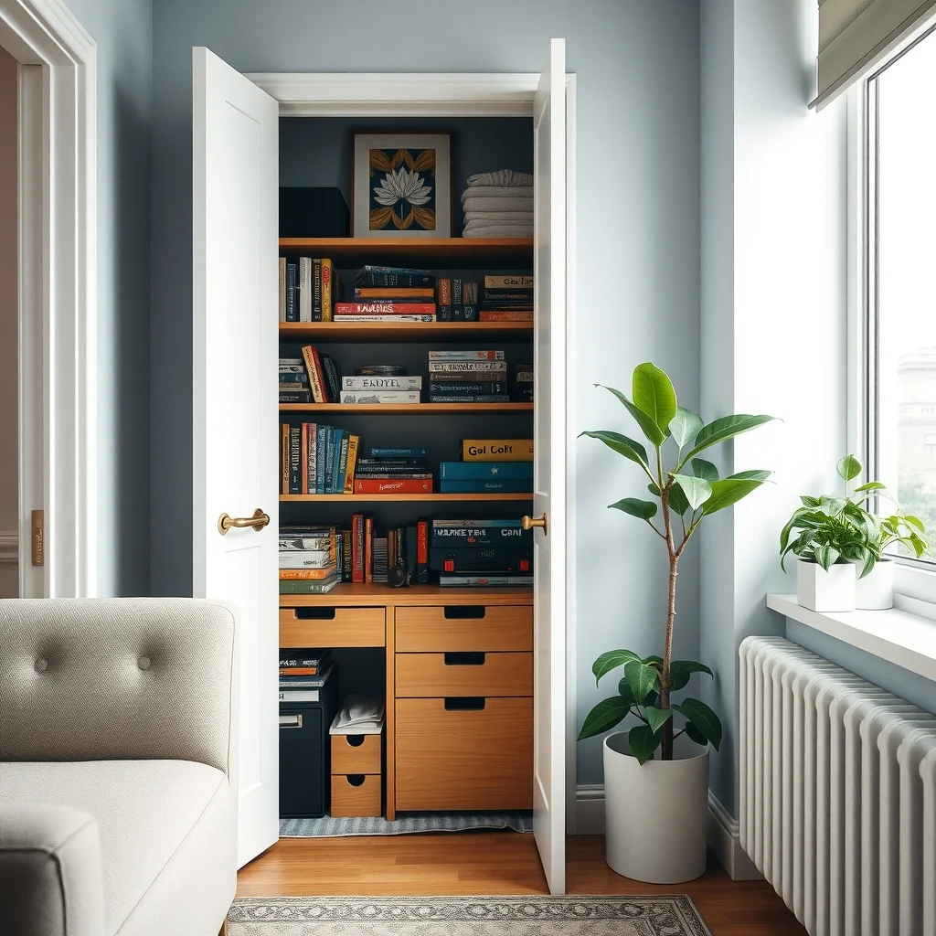Small Apartment Storage Ideas for Board Games and Hobby Supplies interior: 7. Custom Closet Organizer for the Hallway Closet - Many apartments feature a narrow hallway closet that is often underutilized. Installing a custom organizer—comprised of a tall vertical column, a few shallow drawers, and a pull‑out tray—transforms that closet into a miniature game library.