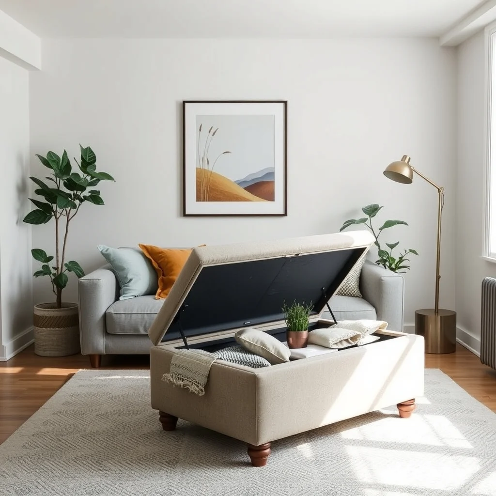 Small Apartment Storage Ideas for Seasonal Decorations interior: 7. Create a Multi‑Purpose Ottoman with Hidden Compartments - An upholstered ottoman that opens to reveal an interior cavity serves as both a seating accent and a secret stash for seasonal décor. Choose a piece upholstered in a durable, stain‑resistant fabric such as performance