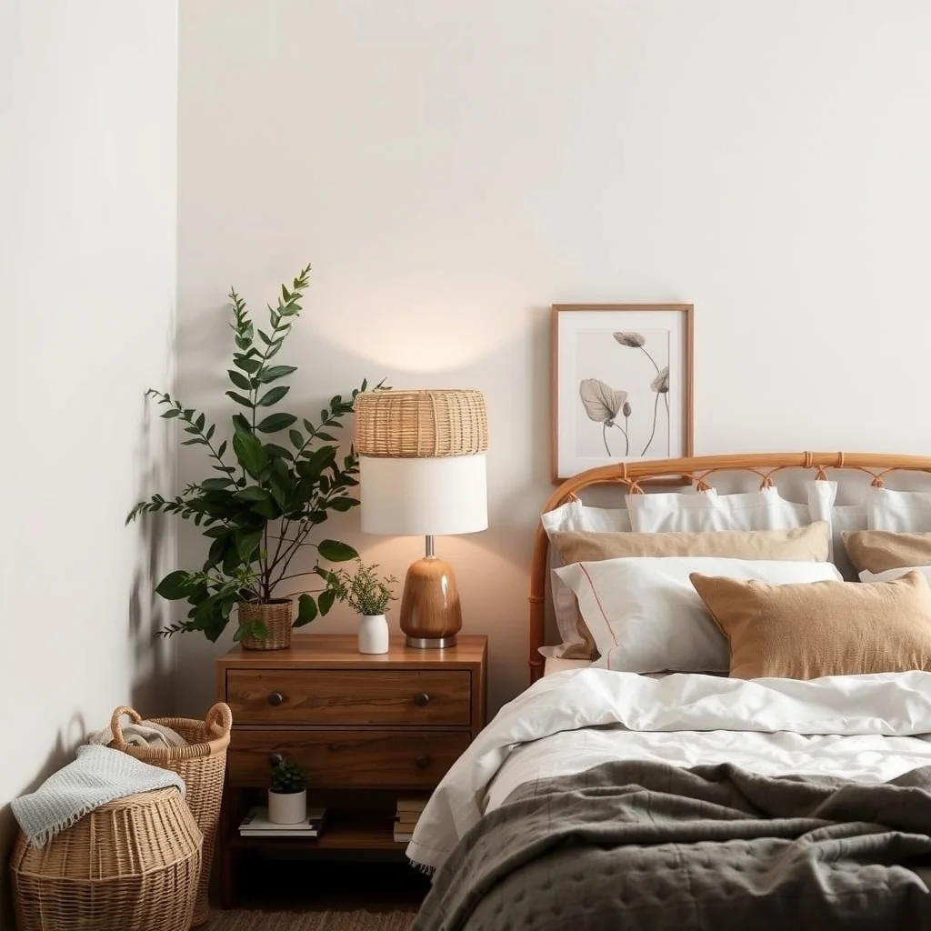 Small Bedroom Lighting Ideas for a Relaxing Evening Atmosphere: 5. Embrace Natural Materials for Lamp Shades - Materials such as woven rattan, bamboo, or reclaimed wood bring texture and a sense of calm to a small bedroom. A table lamp with a rattan shade filters light through its interlaced fibers, creating a