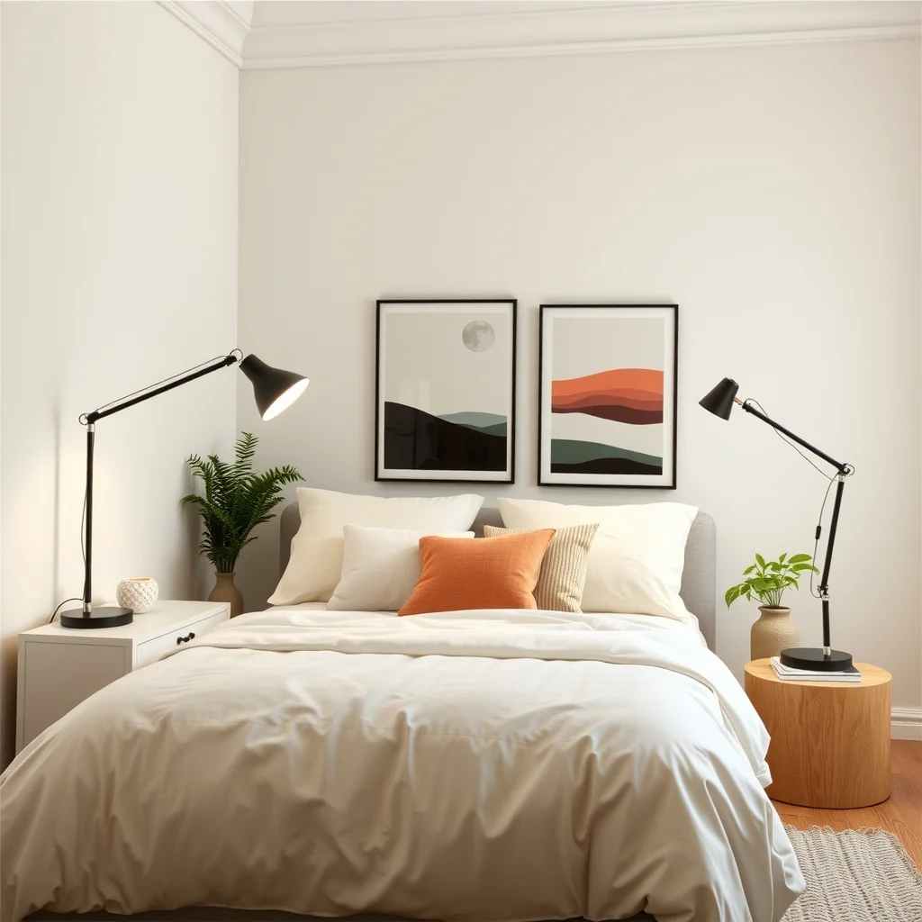 Small Bedroom Lighting Ideas for a Relaxing Evening Atmosphere: 6. Position a Slim Floor Lamp with an Adjustable Arm - When bedside tables are too narrow for a lamp, a slim floor lamp can fill the gap without sacrificing floor space. Look for a with a narrow, tapered pole and an arm that bends