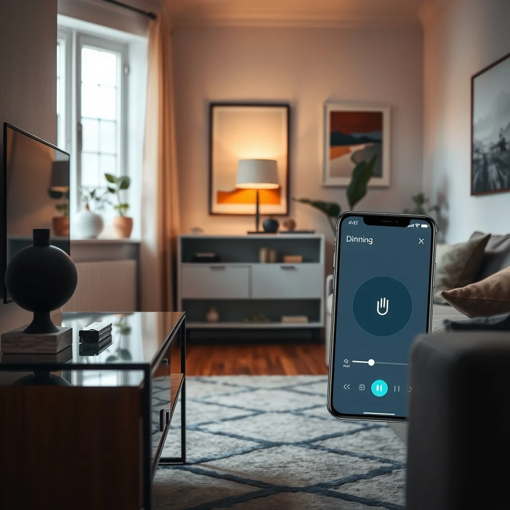 Smart living area featuring a minimalist matte black lamp on a glass console phone app UI overlay indicating dimming warm light washing over a geometric rug perspective from couch