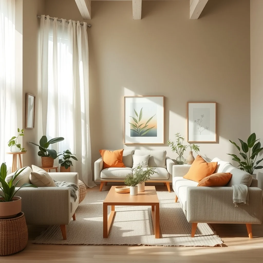 Soft greige walls and sage green accents fill the studio with pale terracotta cushions and a light oak coffee table natural light streams through sheer curtains creating an expansive unified atmosphere