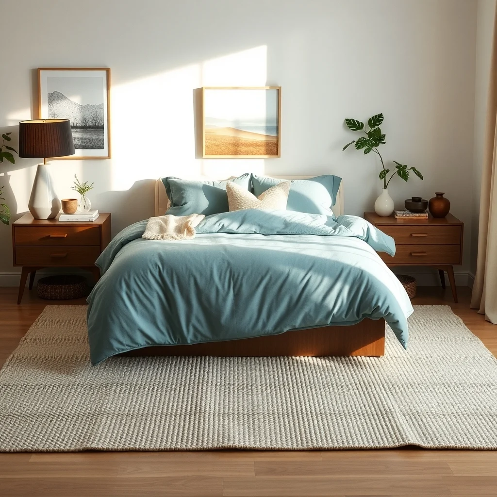 Soft midcentury bedroom with a muted teal plush duvet layered greige throw pillows a woven ivory rug and a warm amber lamp casting gentle light over the bed emphasizing texture and depth