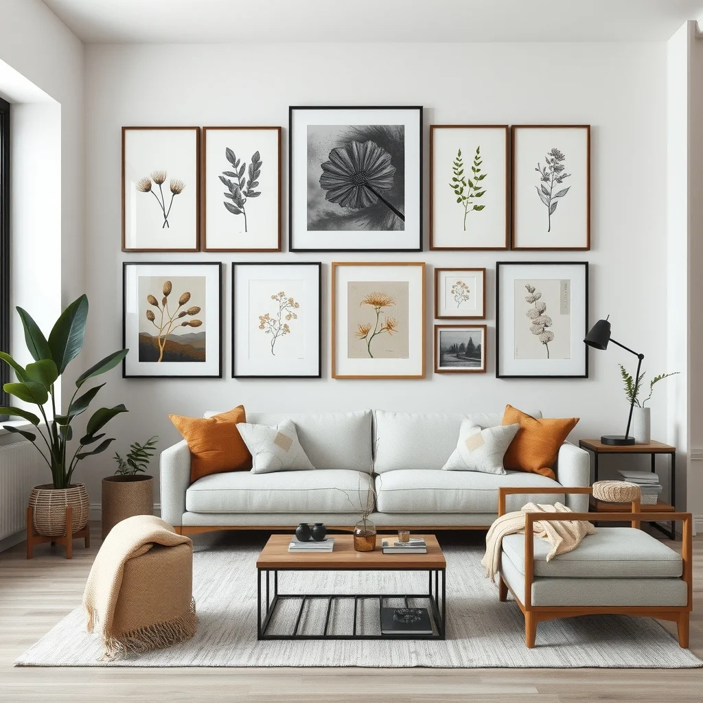 Spacious living area displaying a curated gallery wall mixed size frames black metal reclaimed wood thin gold outlines holding abstract botanical prints balanced asymmetry creates layered architectural rhythm