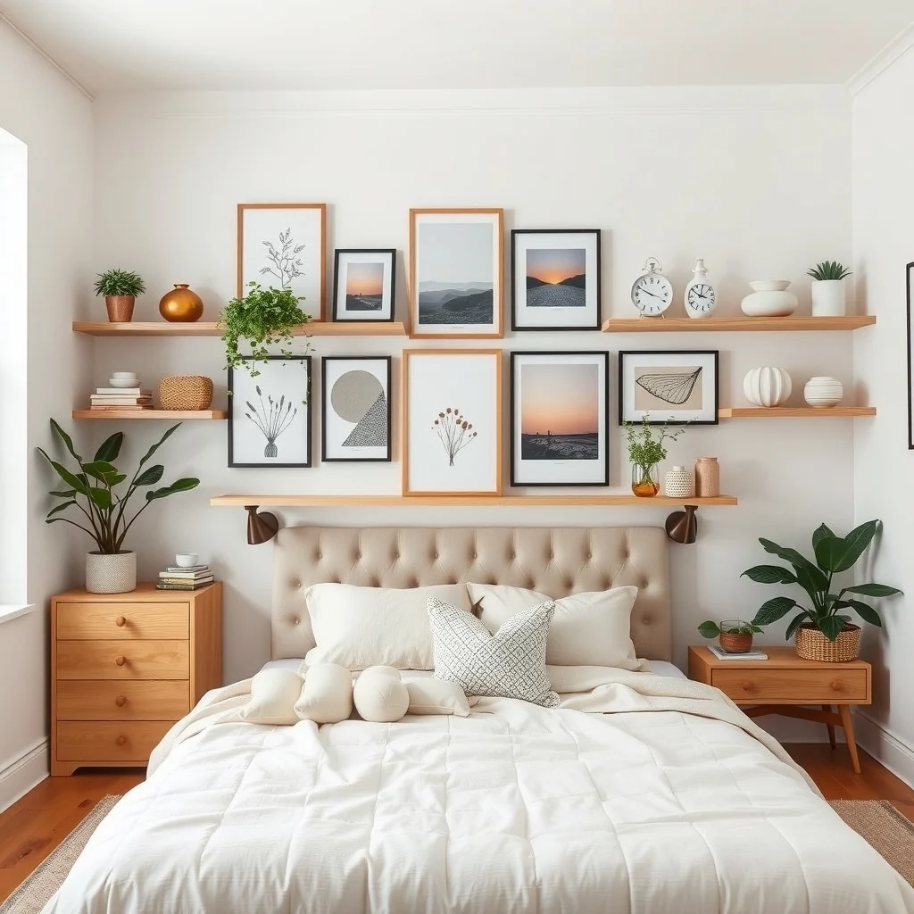 Studio Apartment Design Ideas With a Large Bed and Limited Storage interior: 2. Create a Vertical Gallery Wall with Integrated Shelving - Vertical space is a studio’s best friend, especially when floor area is at a premium. Installing a series of narrow floating shelves that stretch from just above the headboard up to the ceiling gives you