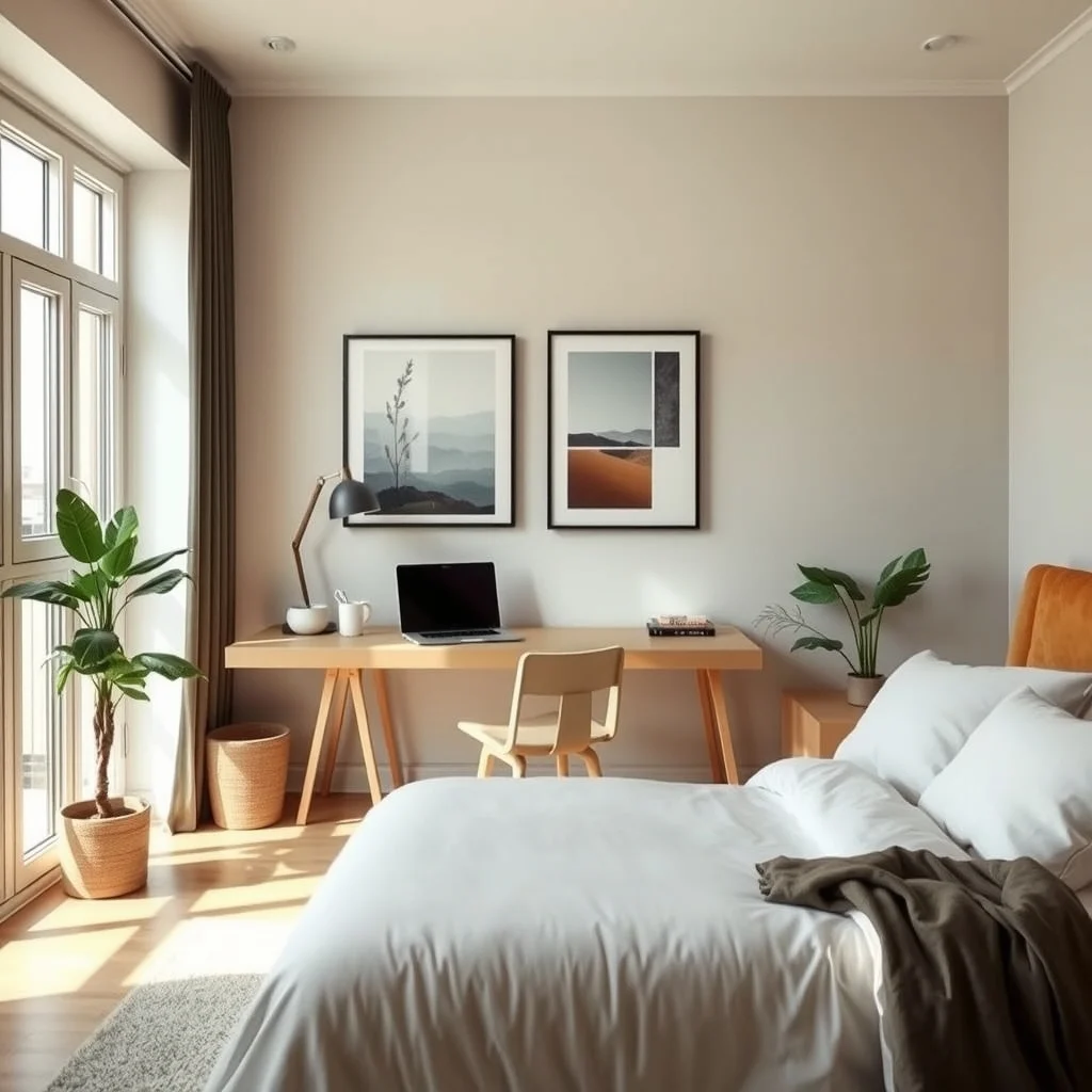 Studio Apartment Design Ideas With a Large Bed and Limited Storage interior: 3. Use a Fold‑Down Desk That Stows Behind the Bed - A compact workspace can disappear into plain sight when you choose a wall‑mounted desk that folds down from the wall opposite the bed. When raised, the desk provides a solid surface for a laptop, a