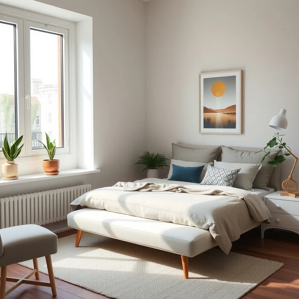 Studio Apartment Design Ideas With a Large Bed and Limited Storage interior: 5. Add a Low‑Profile Daybed at the Foot of the Bed - Instead of a traditional nightstand, place a low, upholstered daybed directly at the foot of the mattress. The daybed can serve as additional seating for reading, a spot to lay out a blanket for a