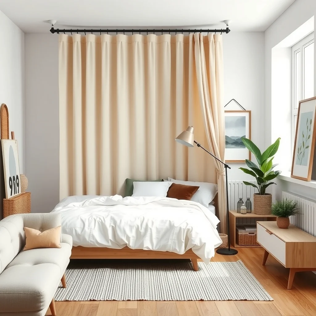 Studio Apartment Design Ideas With a Large Bed and Limited Storage interior: 6. Hang a Curtain Divider to Separate Sleeping and Living Zones - A lightweight curtain, mounted on a ceiling track, can create a soft boundary between the bed and the rest of the studio without permanently dividing the space. When drawn, the curtain offers a sense of