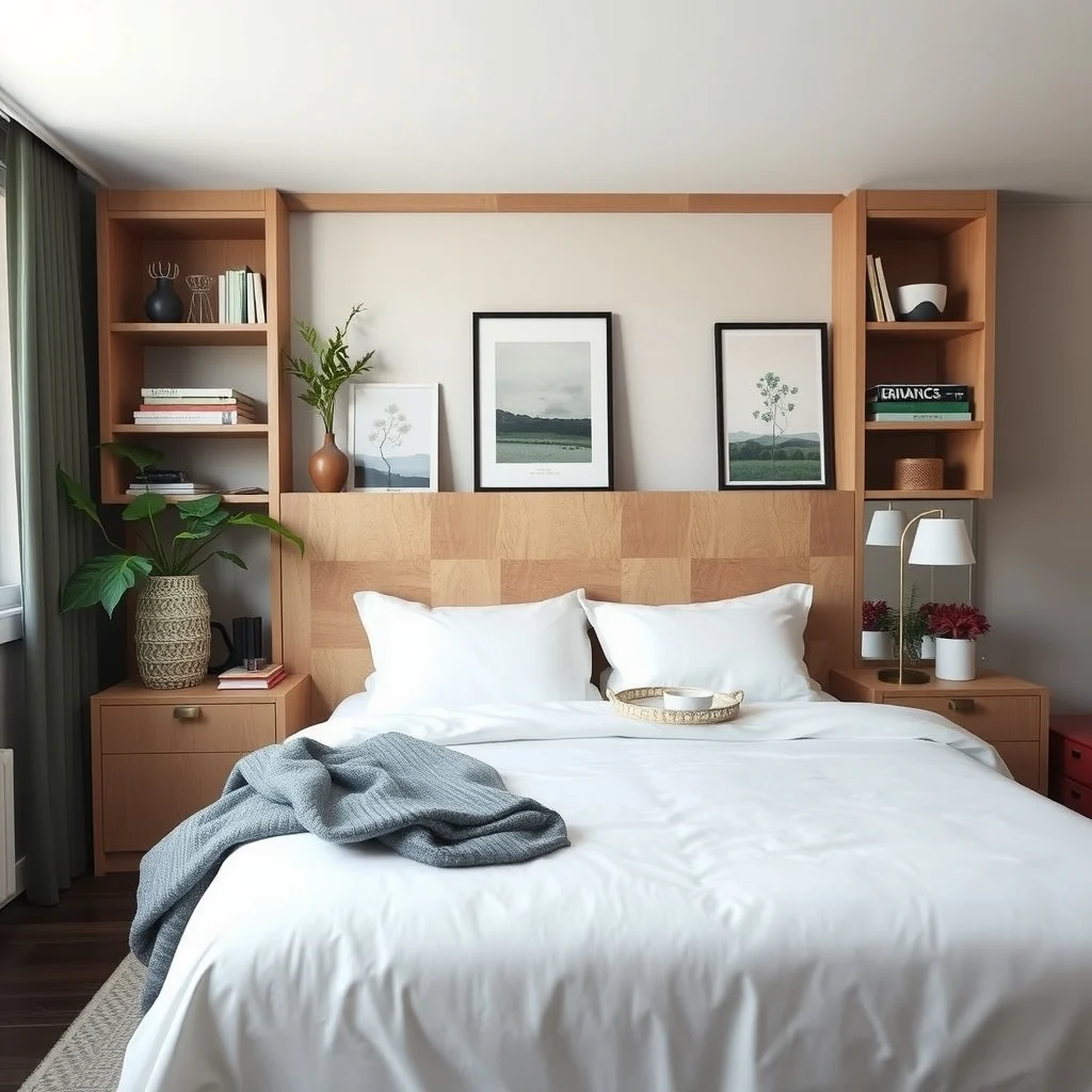 Studio Apartment Design Ideas With a Large Bed and Limited Storage interior: 7. Incorporate a Multi‑Functional Headboard with Built‑In Shelves - Replacing a plain headboard with a custom unit that includes built‑in shelves or cubbies adds both style and utility. Small recessed shelves can hold a bedside lamp, a stack of books, or a decorative tray