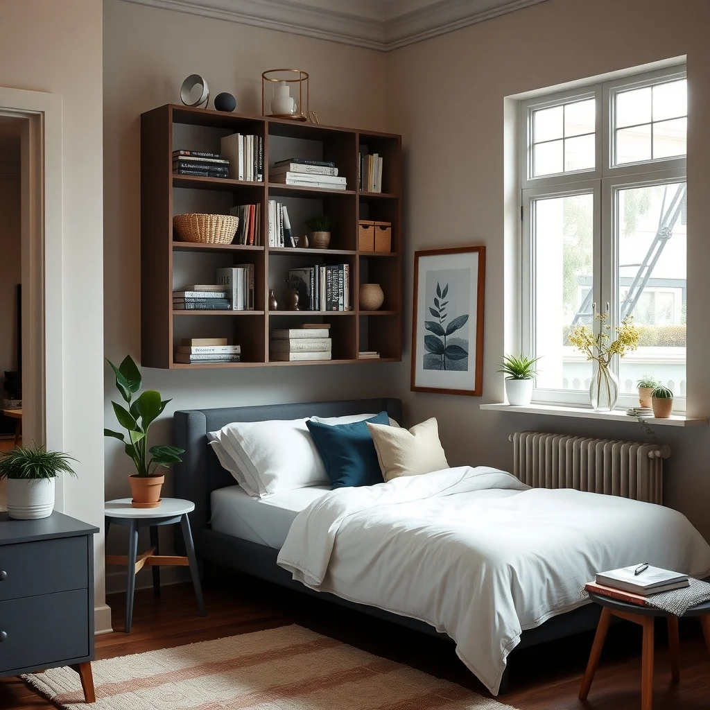 Studio Apartment Furniture Ideas That Serve More Than One Purpose interior: 4. Wall‑mounted shelving that serves as a room divider - Open shelving installed from floor to ceiling can split the sleeping area from the living zone without cutting off light or airflow. By arranging books, woven baskets, and a few potted succulents, the shelves become
