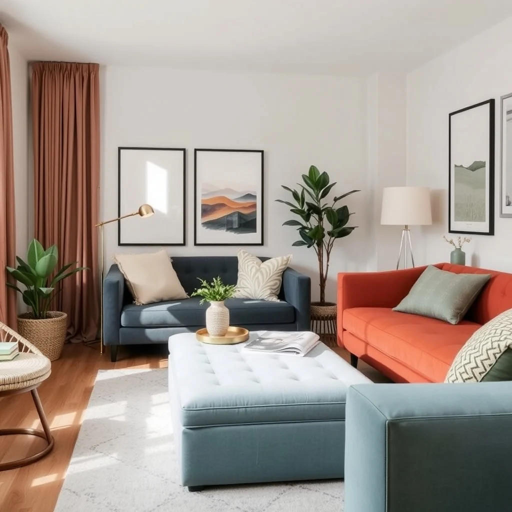 Studio Apartment Furniture Ideas That Serve More Than One Purpose interior: 5. Ottoman with hidden compartment and extra seating - An upholstered ottoman can function as a coffee table, a footrest, and a storage box all at once. A plush seat in a soft terracotta or a muted teal provides a pop of colour, while