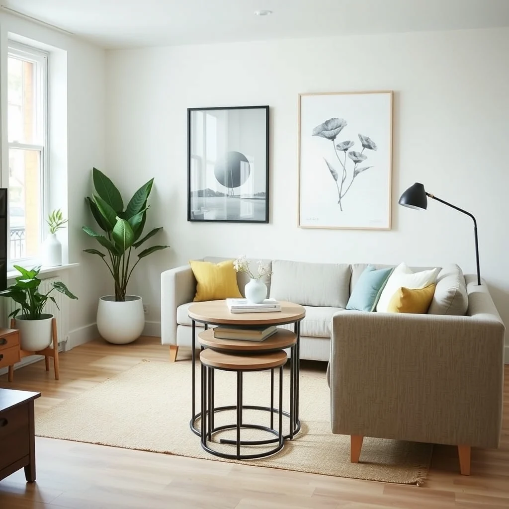 Studio Apartment Furniture Ideas That Serve More Than One Purpose interior: 6. Nesting tables that adapt to your needs - Set of three or four tables that stack inside one another offers flexible surface area without consuming permanent floor space. When pulled apart, they can serve as side tables for lamps, a spot for a