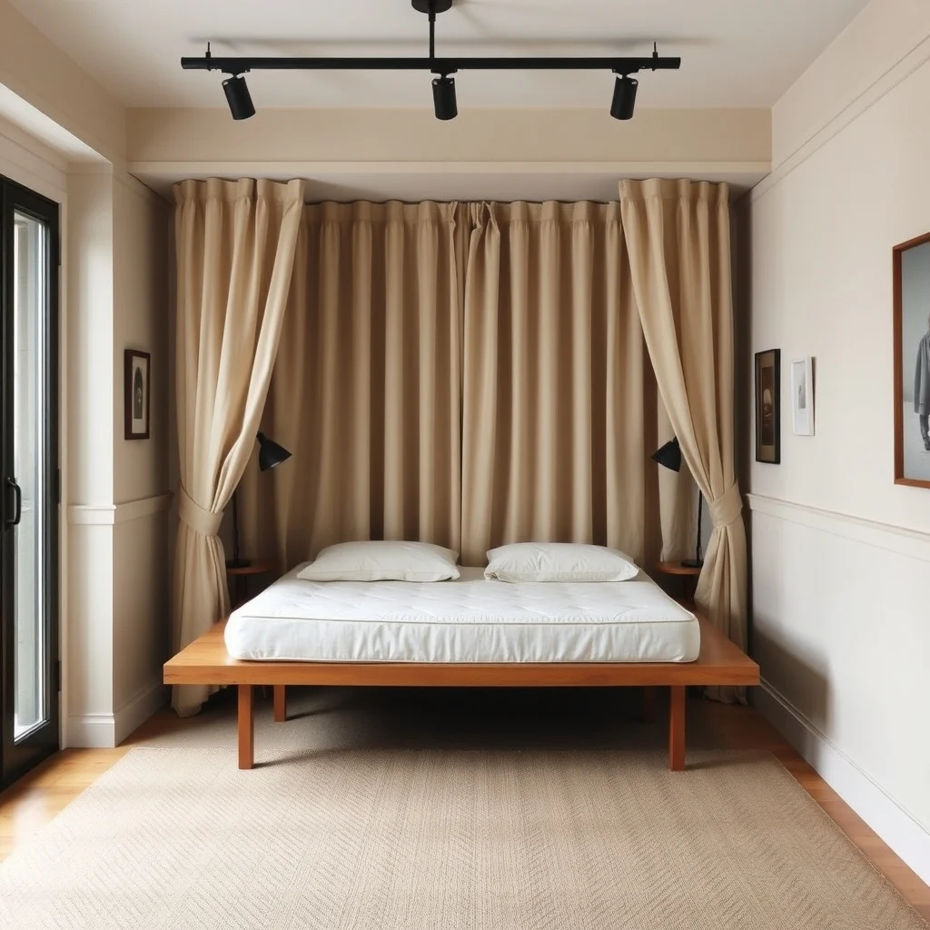 Studio Apartment Ideas for Creating a Private Sleeping Area interior: 3. Hang a Curtain Behind a Platform Bed - Elevating the mattress on a modest platform and installing a ceiling‑track curtain behind it creates an instant cocoon. Light linen in a soft neutral filters daylight, while a heavier blackout fabric offers complete shade when