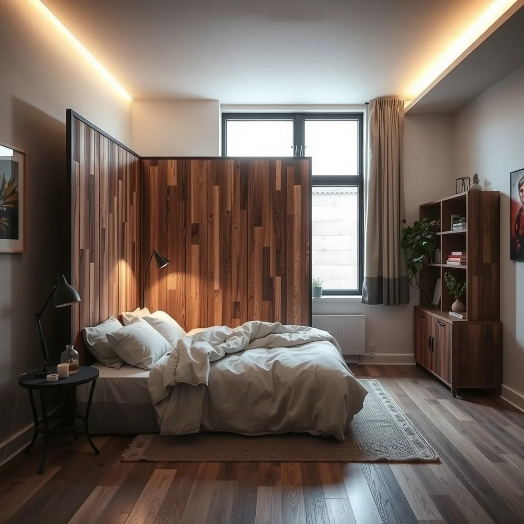 Studio Apartment Ideas for Creating a Private Sleeping Area interior: 4. Incorporate a Room‑Dividing Screen with Built‑In Lighting - A freestanding screen constructed from reclaimed wood or powder‑coated metal serves as both a visual break and a source of ambient light. Modern designs often include recessed LED strips along the top edge, casting a