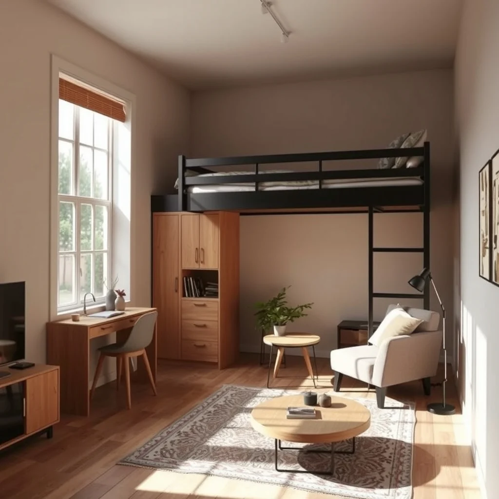 Studio Apartment Ideas for Creating a Private Sleeping Area interior: 5. Create a Raised Loft Bed with a Staggered Floor - When the ceiling reaches eight or more, a modest loft bed lifts the sleeping zone above the main living area, freeing the floor beneath for a desk, a compact sofa, or additional storage. A
