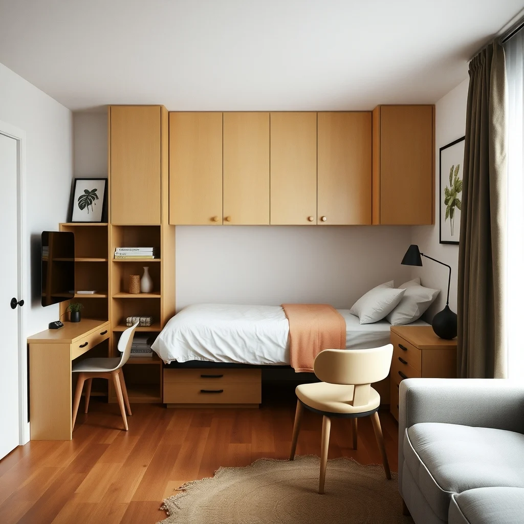 Studio Apartment Ideas for Creating a Private Sleeping Area interior: 6. Use a Fold‑Down Murphy Bed with a Built‑In Desk - A Murphy bed that folds up into a wall unit provides a clean transition between work and sleep. When the bed is stored, the front of the unit reveals a sleek desk surface, shelving, or