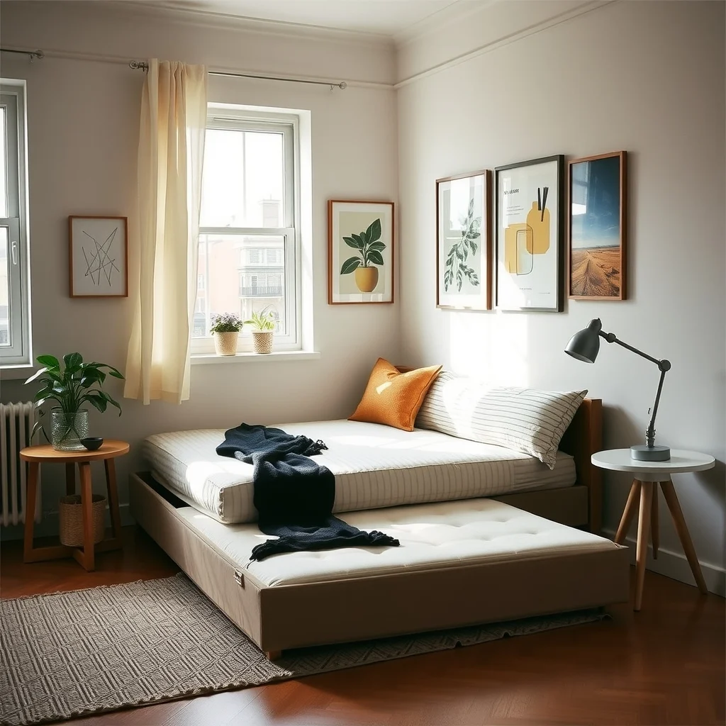 Studio Apartment Ideas for Creating a Private Sleeping Area interior: 7. Arrange a Multi‑Functional Daybed with a Pull‑Out Trundle - A low‑profile daybed placed against a wall serves as seating by day and a sleeping platform by night. Adding a pull‑out trundle underneath supplies an extra mattress for guests without sacrificing the daybed’s sleek .