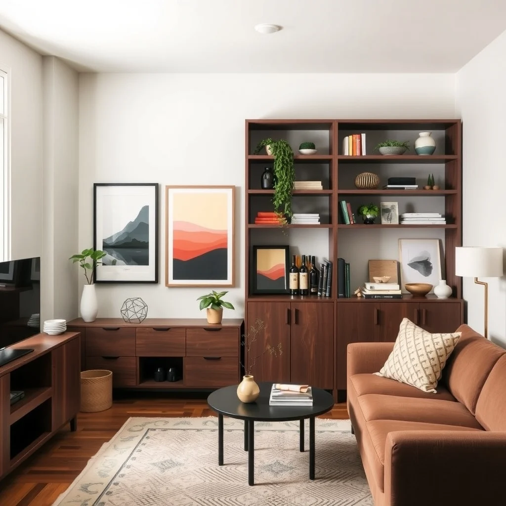 Studio Apartment Ideas for Entertaining Guests Without Feeling Cramped interior: 2. Room Divider That Doubles as a Bar - Instead of a solid wall, a slim shelving unit with open back panels can separate the sleeping zone from the entertaining area. When you line the shelves with glass‑front cabinets or a row of wine