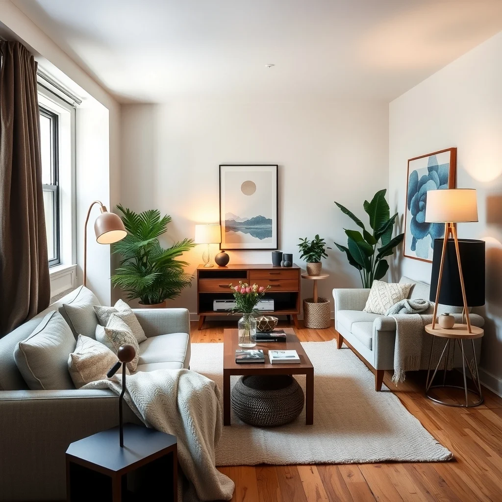 Studio Apartment Ideas for Entertaining Guests Without Feeling Cramped interior: 3. Layered Portable Lighting - Relying solely on an overhead fixture can make a studio feel flat when guests arrive. Adding a pair of floor lamps with dimmable LEDs and a few strategically placed table lamps creates layers of light