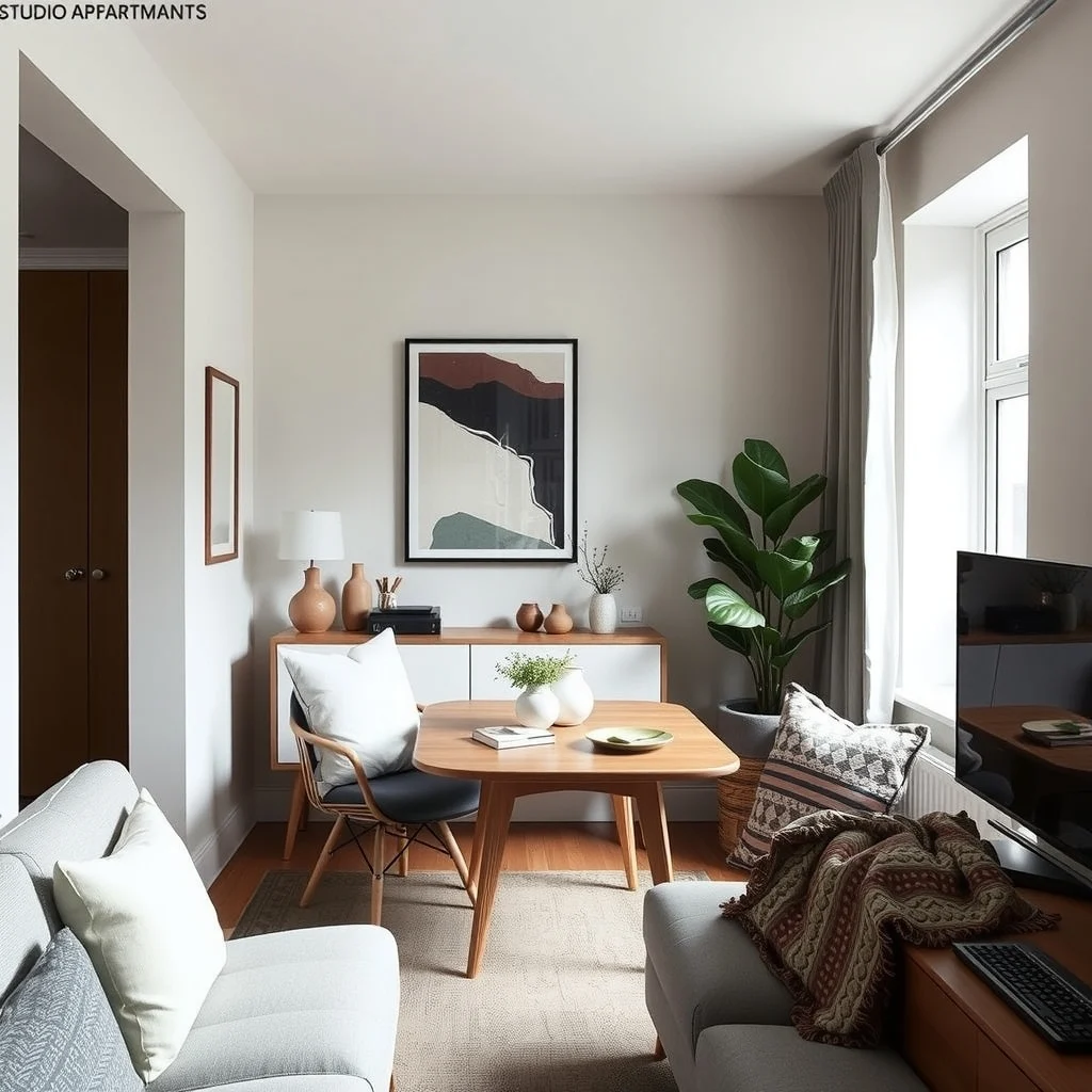Studio Apartment Ideas for Entertaining Guests Without Feeling Cramped interior: 4. Fold‑Away Dining Table - A wall‑mounted drop‑leaf table can expand from a narrow console into a full‑size dining surface when you have guests. When folded down, the table sits flush against the wall, leaving the floor clear for a