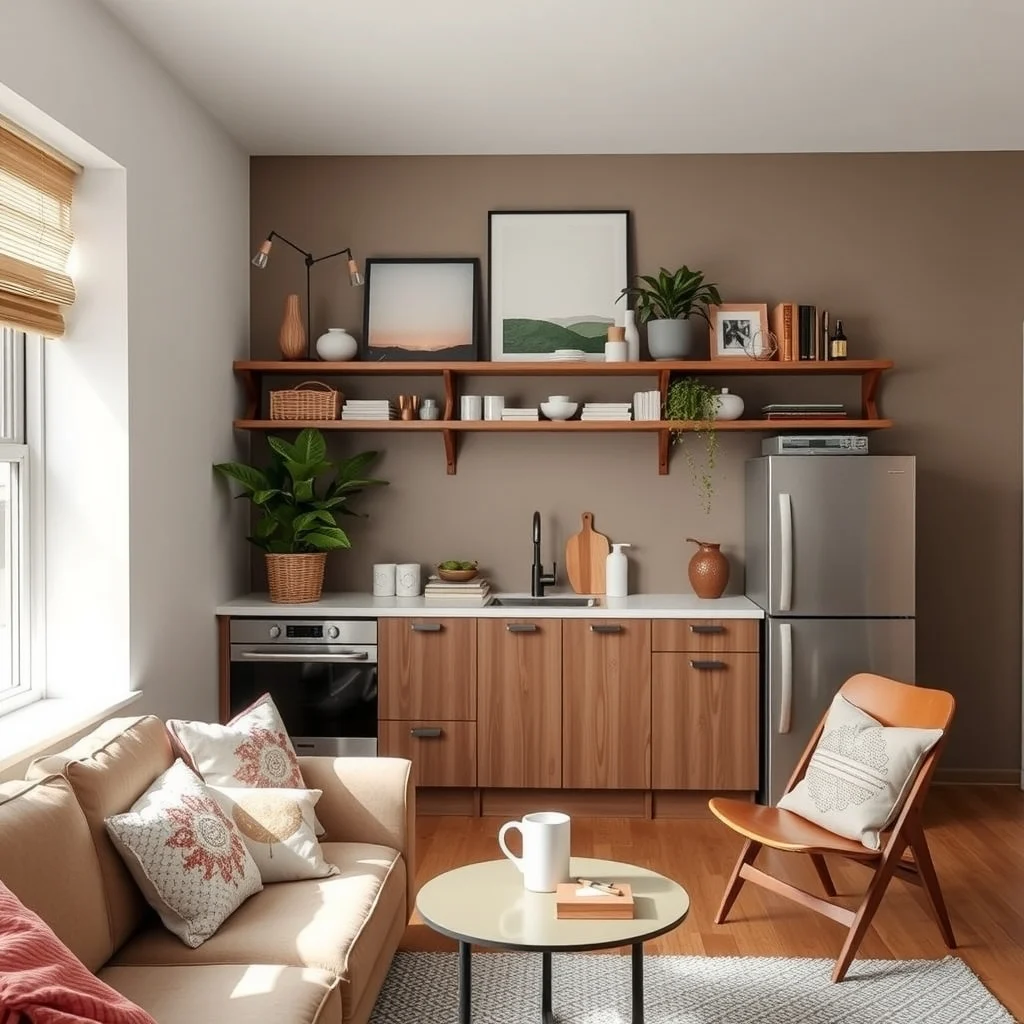 Studio Apartment Ideas for Entertaining Guests Without Feeling Cramped interior: 5. Wall‑Mounted Serving Station - Installing a narrow rail with a few floating shelves above the kitchen area creates a dedicated spot for appetizers, drinks, and utensils. By keeping serving items off the countertop, you free up work space for